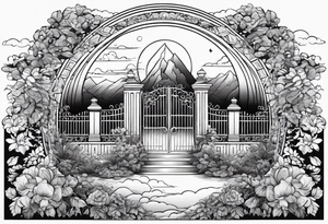 night ancient big town mountains garden gate entrance 
 in circle vignette surrounded by clouds floral tattoo idea