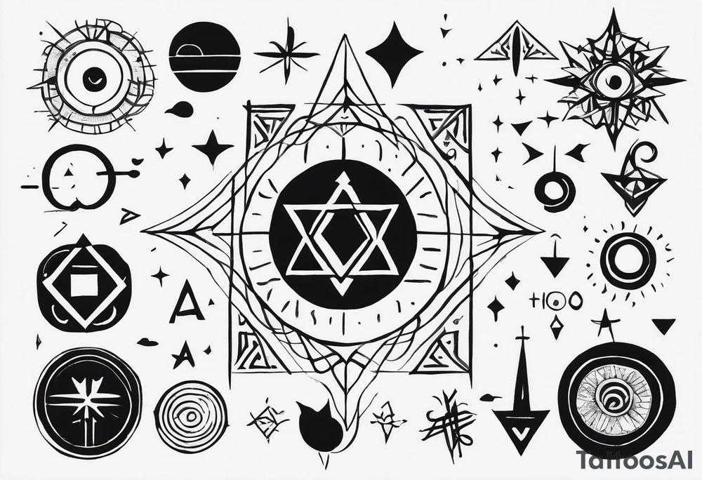I want a mysterious enigmatic tattoo, with mysterious symbols and phrases, with the meaning of curiosity about conspiracy theories, the future, and the past, something that completes the upper part of the arm that is between the middle of the arm and the shoulder tattoo idea