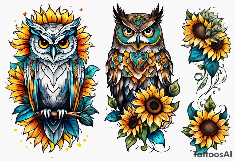 Leg sleeve with colorful sunflowers and an owl tattoo idea