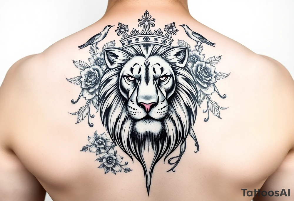 powerful majestic lion with a crown, surrounded by floral ornaments and birds tattoo idea