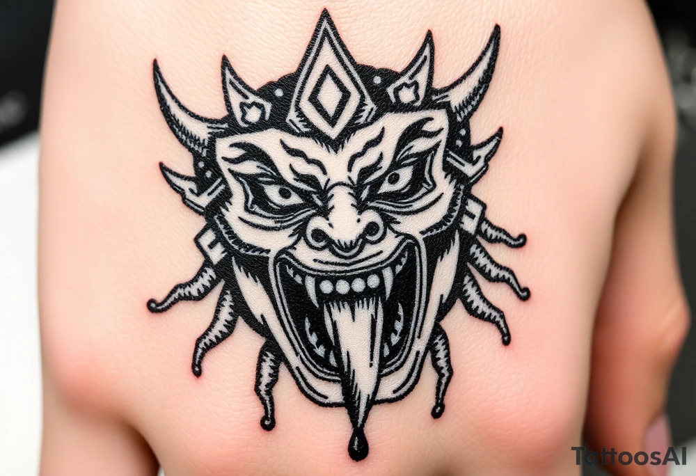 I need to depict a Japanese traditional mask that screams in pain, opening its mouth wide and spitting out blood. tattoo idea