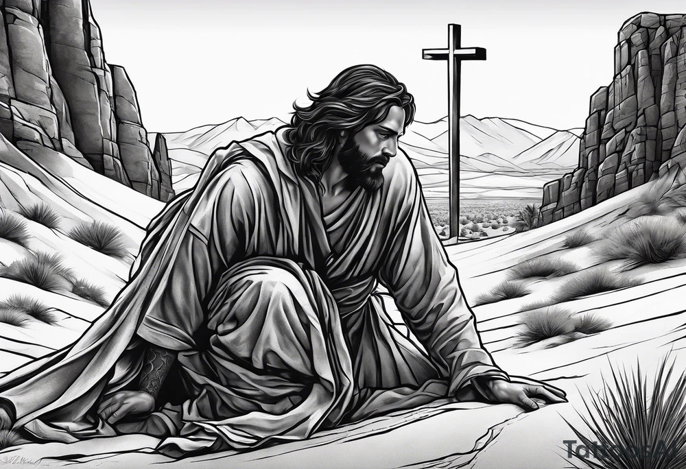 man crawling in a desert reaching to the cross of Christ tattoo idea