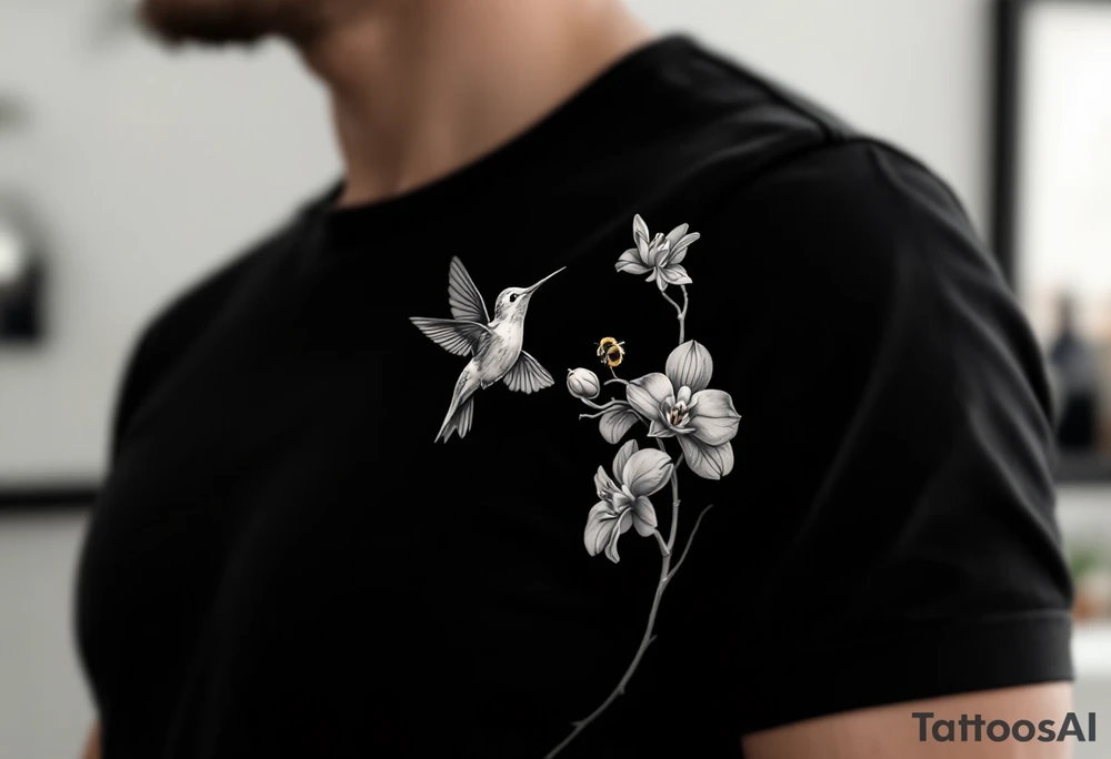 A delicate, black and white fine-line tattoo for male, featuring gracefully detailed 2 orchids in full bloom including their stems, with soft, intricate petals and elegant curves. Beside it, a hummingbird hovers mid-flight, its wings drawn with subtle motion lines, its slender beak reaching toward the orchid’s center to drink its nectar. on the other flower there is a bee that is resting tattoo idea