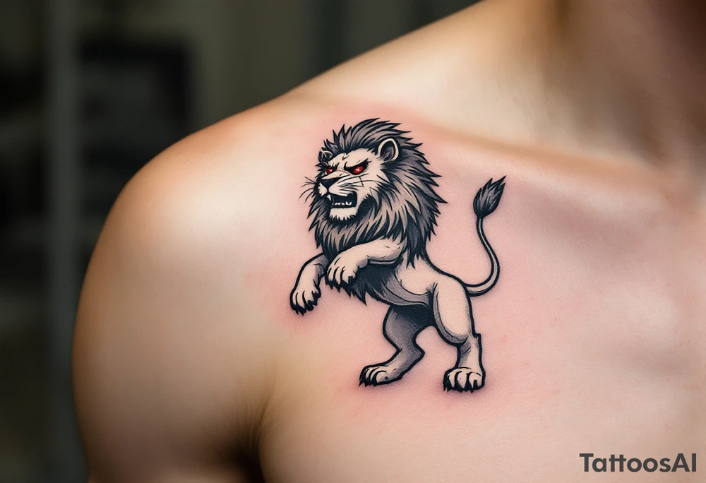 A black and white Czech lion standing on its hind legs, with red eyes, giving it an intense and fierce appearance, symbolizing resilience and determination. tattoo idea