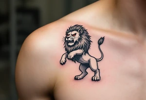 A black and white Czech lion standing on its hind legs, with red eyes, giving it an intense and fierce appearance, symbolizing resilience and determination. tattoo idea