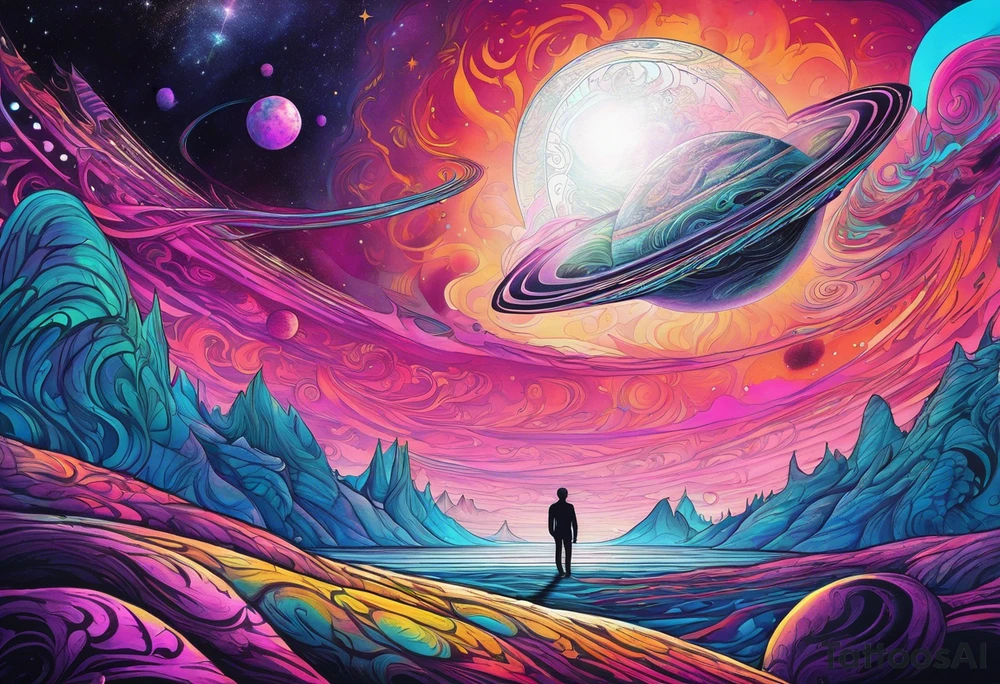 Full Back, synthwave, colossal Alien entities and space stuff, small human on The foreground in awe of The sheer scale of The infinite universe tattoo idea