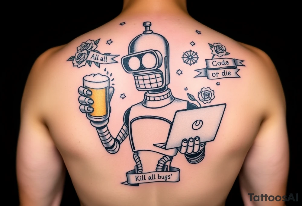 Neo-traditional tattoo of a robot inspired by Bender from Futurama, holding a beer mug in one hand and a laptop in the other. The design features bold outlines, rich shading, and saturated colors. Surround the robot with classic motifs like roses, gears, and small banners with text like 'Kill all bugs' or 'Code or die'. Designed for shoulder placement, in a bold and slightly retro style with modern programming twist. tattoo idea
