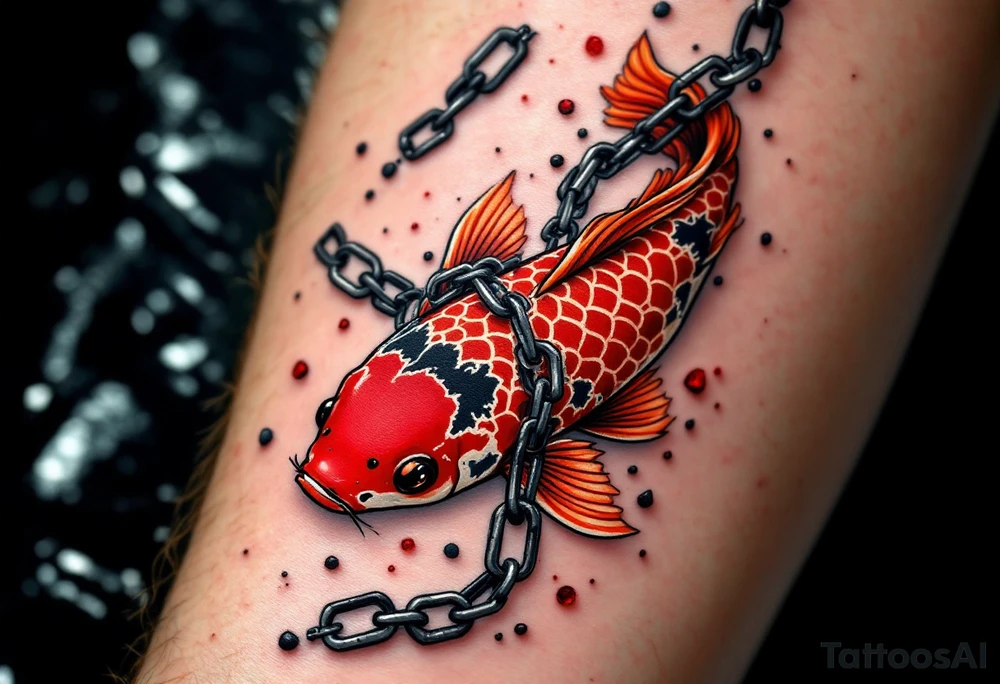 Crimson Koi with Broken Chains – A deep red koi swimming past broken silver chains, symbolizing freedom and breaking personal limits. tattoo idea