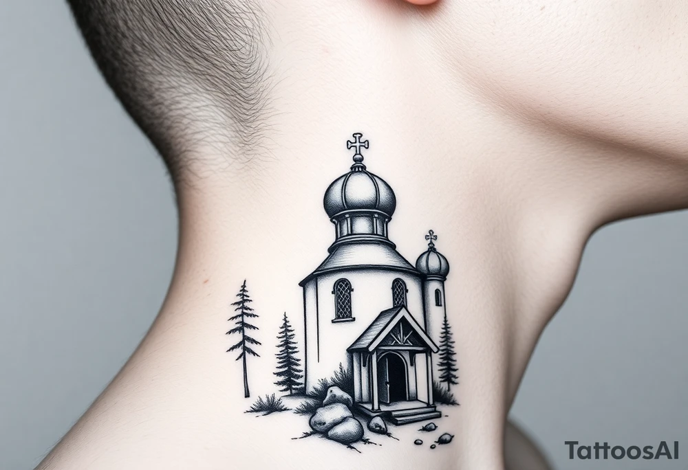 russian design traditional virgin mary stood beside the entrance of a russian orthodox dome church on the side of the neck in a wilderness setting with the design spread out the side of the neck tattoo idea