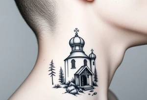 russian design traditional virgin mary stood beside the entrance of a russian orthodox dome church on the side of the neck in a wilderness setting with the design spread out the side of the neck tattoo idea
