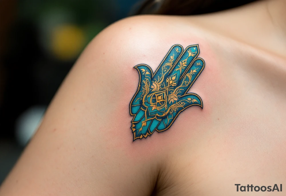 A vibrant turquoise and gold Hamsa with delicate filigree, radiating a mystical and regal aura. tattoo idea