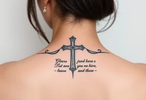 Christian tattoos for women spine with a cross and Bible verse tattoo idea
