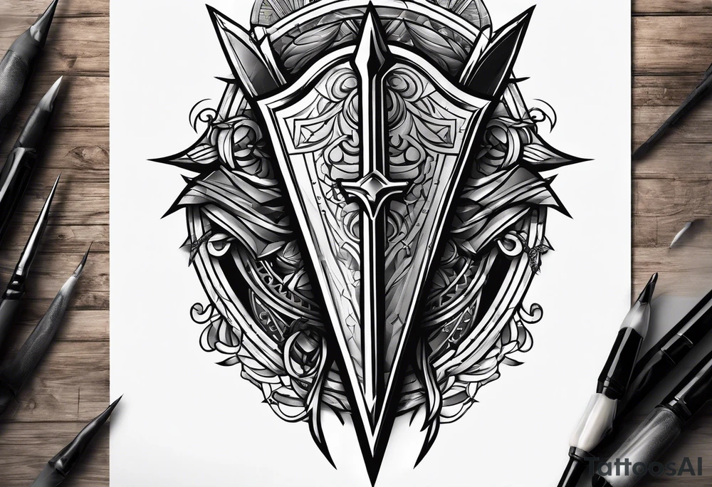 a spear pointing down with a shield in front of it tattoo idea a spear pointing down with a shield in front of it tattoo idea