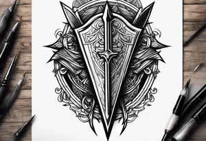 a spear pointing down with a shield in front of it tattoo idea