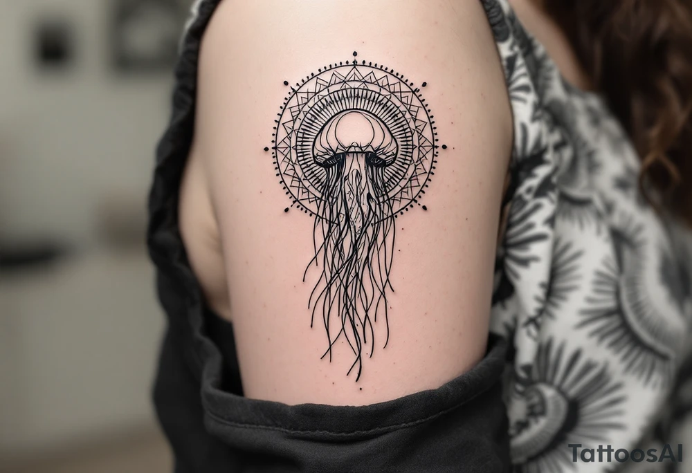 minimal fine-line tattoo, single jellyfish, sacred geometry surround, dotwork patterns, jellyfish bell dome, flowing tentacles, trailing streamers, geometric mandala, radiating dotwork, minimalist design, black grey lines, soft shading, no outlines, geometric frame, organic jellyfish form, upper arm shoulder placement, light airy feel, delicate linework, geometric backdrop, clean lines, radiating patterns, simple jellyfish centerpiece tattoo idea
