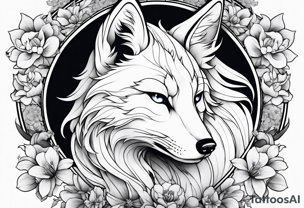 kitsune anime stiyle whit flowers tattoo idea
