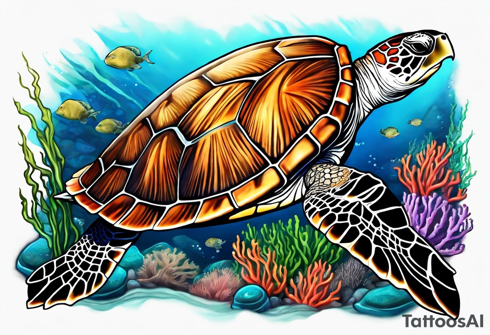large sea turtle with the back right fin in lower left corner surrounded by coral and kelp tattoo idea