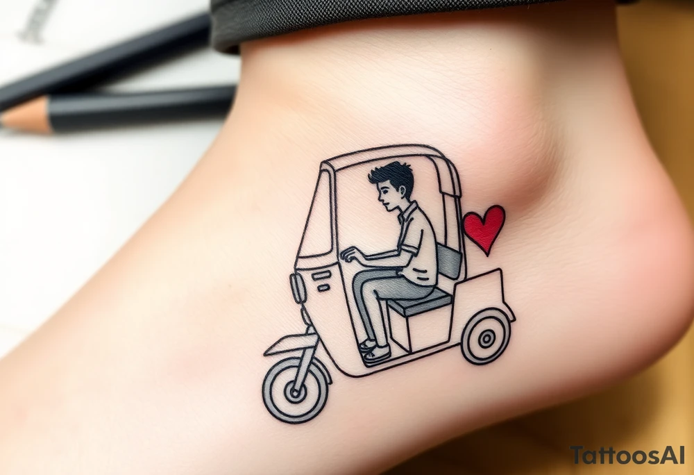 Create a simple tuk tuk. Add a boy in the vehicle. Add a heart to indicate that the boy is in love. tattoo idea