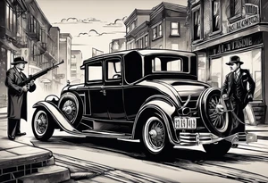 Al Capone style gangsters with machine guns set with a 1930s city street background, include a 1930's car , flames and smoke tattoo idea