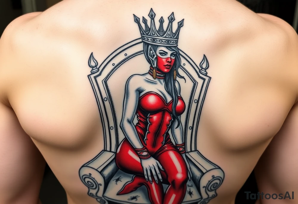 powerful female dominatrix wearing a red latex catsuit and a detailed facemask crown sitting on her throne tattoo idea