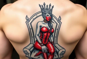 powerful female dominatrix wearing a red latex catsuit and a detailed facemask crown sitting on her throne tattoo idea