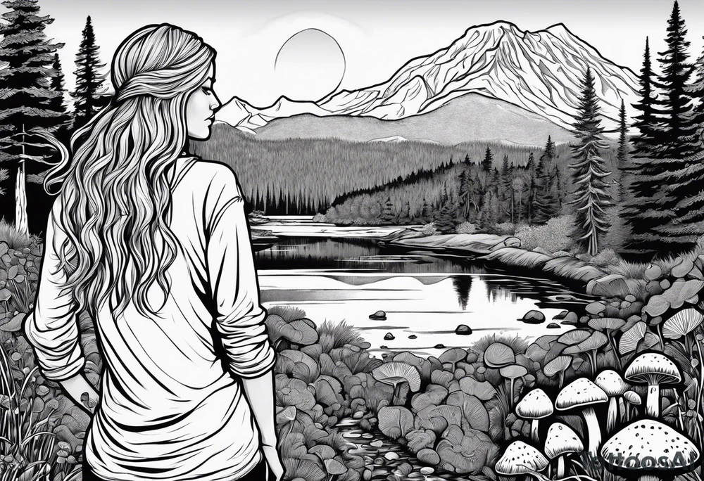Whole picture encircled fully

Straight long blonde hair hippie girl in distance holding mushrooms in hand facing away toward mountains and creek surrounded by mushrooms long sleeve shirt and hiking pants; whole rendering within a full celtic circle, no cut off circle tattoo idea