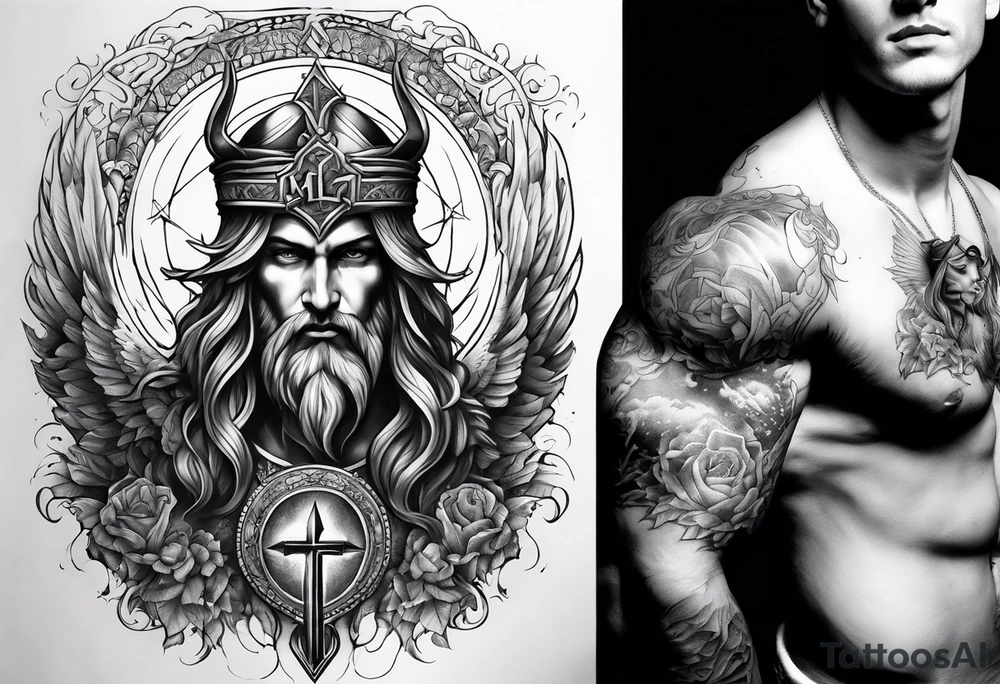 christian religion incorporating aint michael slaying Lucifer sleeve tattoo idea