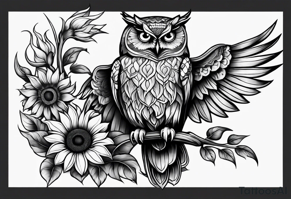 Owl and sunflowers quarter leg sleeves tattoo idea