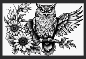 Owl and sunflowers quarter leg sleeves tattoo idea