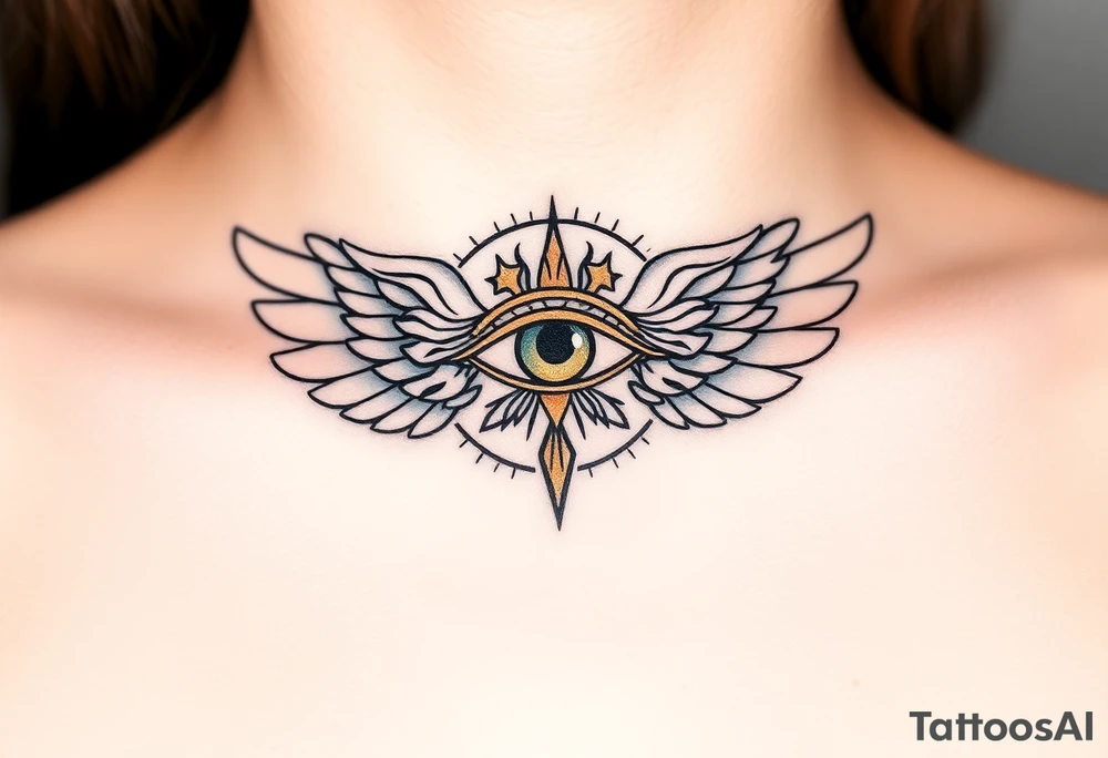 A divine Eye of Horus surrounded by angelic wings, in soft gold and pearl white, symbolizing celestial guidance tattoo idea