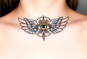 A divine Eye of Horus surrounded by angelic wings, in soft gold and pearl white, symbolizing celestial guidance tattoo idea