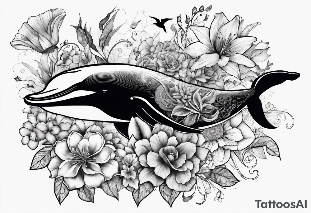 flowers, collage, whale and hummingbird tattoo idea