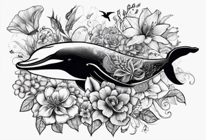 flowers, collage, whale and hummingbird tattoo idea