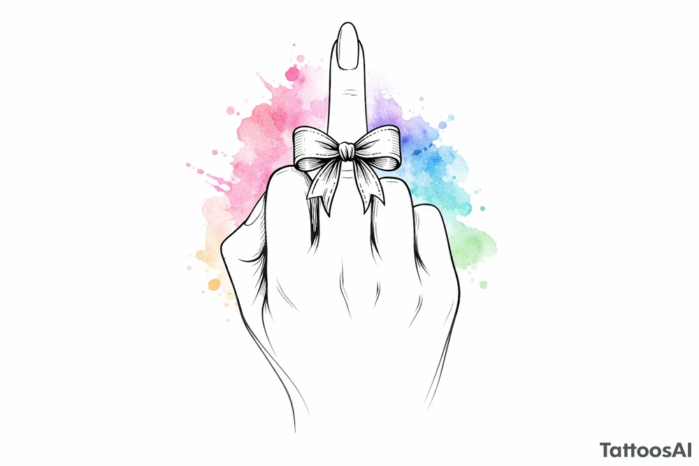 Tiny detailed bow, middle finger, spectral outline, vibrant watercolor wash. tattoo idea