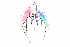 Tiny detailed bow, middle finger, spectral outline, vibrant watercolor wash. tattoo idea