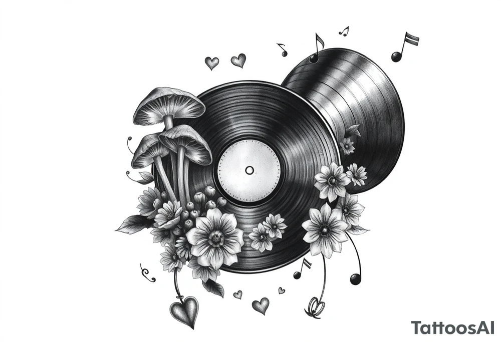 vinyl record with mushrooms, flowers, hearts, and music notes tattoo idea