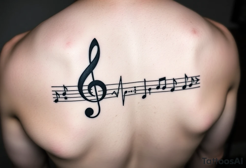 Music staff with treble clef and music notes with Ekg line in middle of tattoo tattoo idea