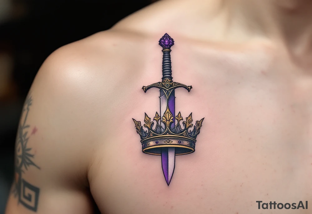 A dagger and scepter crossing over a shared crown, shaded in steel gray and regal purple. tattoo idea
