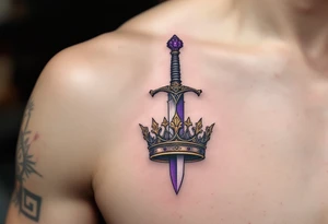 A dagger and scepter crossing over a shared crown, shaded in steel gray and regal purple. tattoo idea