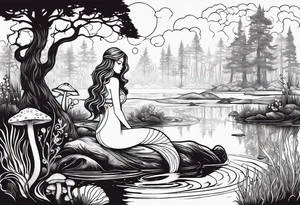 Mermaid silhouette in a swamp with cypress trees, mushrooms, and wild flowers. tattoo idea