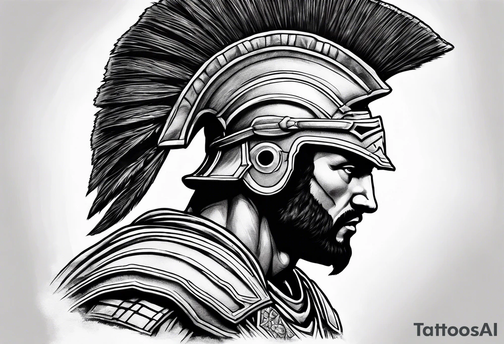 Side profile of spartan soilder with ancient ruins in background tattoo idea