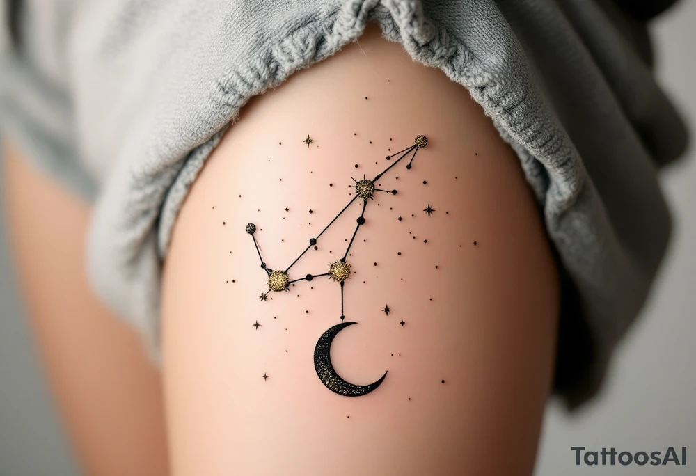 A Sagittarius constellation formed by sparkling dots of gold ink with a black crescent moon hanging below. tattoo idea
