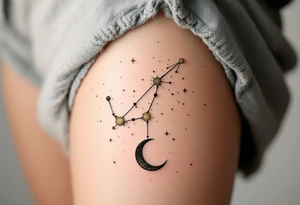 A Sagittarius constellation formed by sparkling dots of gold ink with a black crescent moon hanging below. tattoo idea