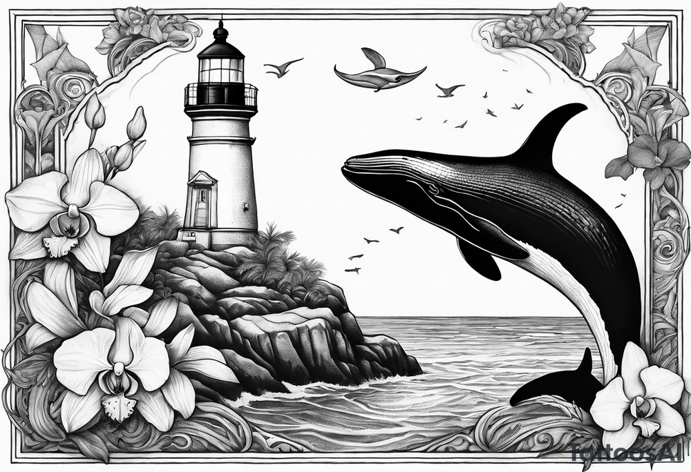 Lighthouse on a beach with a humpback whale's tail sticking out of the water of the ocean with a border containing an anchor and orchids tattoo idea