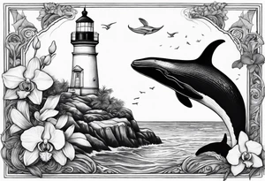 Lighthouse on a beach with a humpback whale's tail sticking out of the water of the ocean with a border containing an anchor and orchids tattoo idea