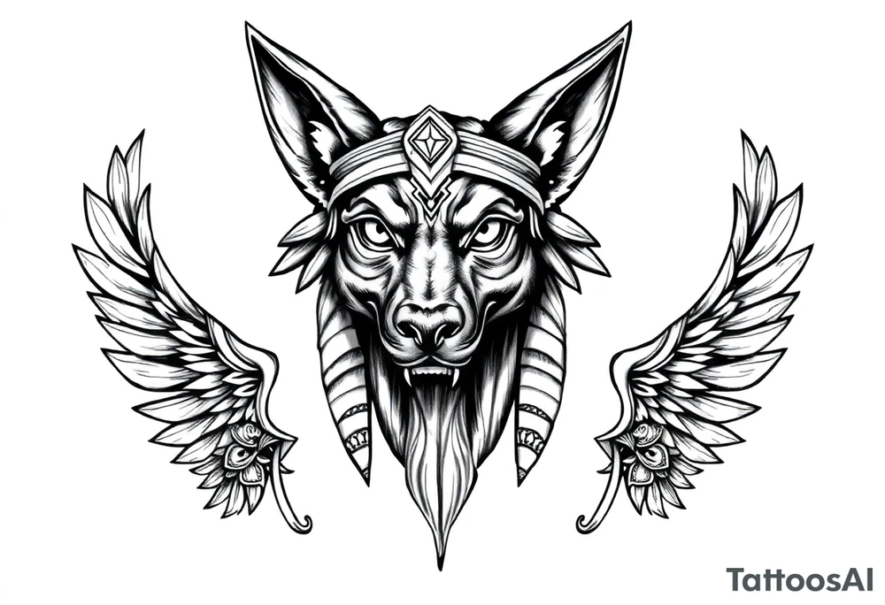 Egyptian Anubis god face muscle in Egypt style  with mantle on head with empty eyes 

dog face surrounded Egyptian symbols based on elements tattoo idea