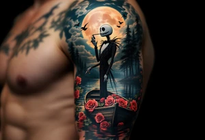 jack skellington smoking and fishing, on a boat of roses, cloudy sky, full moon, birds,pine trees, river tattoo idea