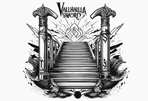 Valhalla 
 sword stairs axe mist tattoo idea