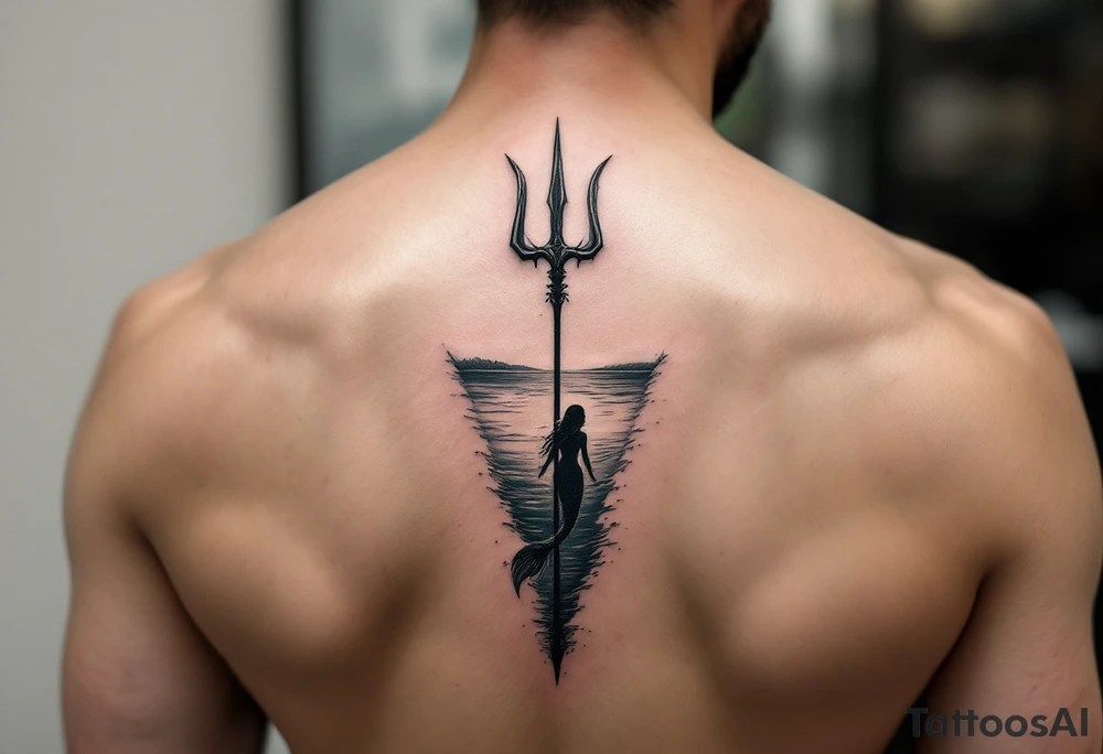 trident half way under calm water with mermaid tattoo idea