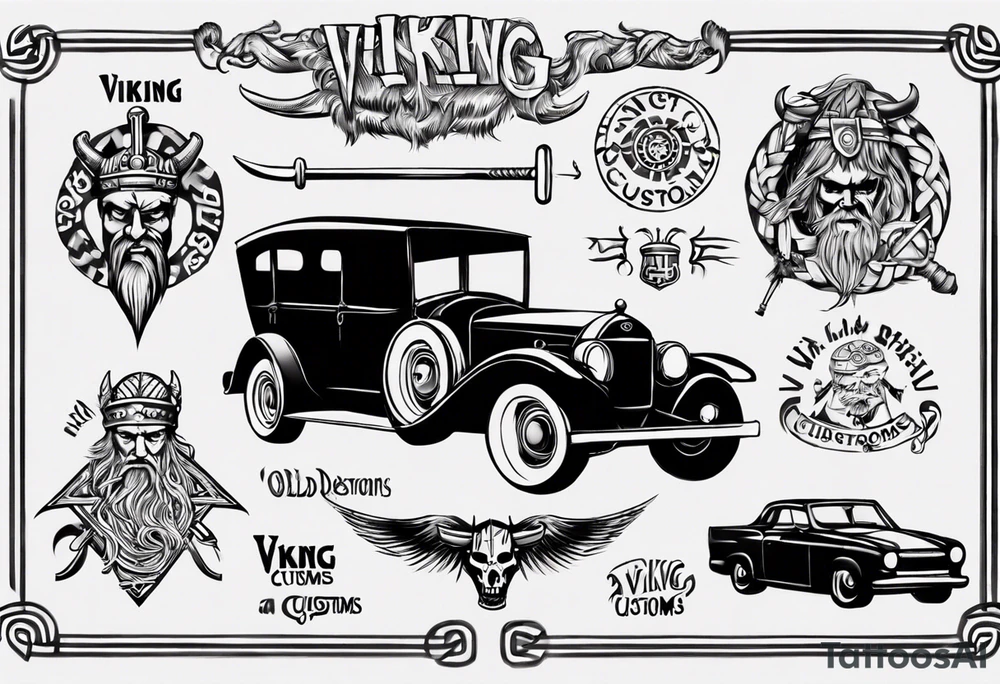 i want a tattoo of a viking and a old classic vintage car  and I want the words “Viking Customs” incorporated into the design tattoo idea